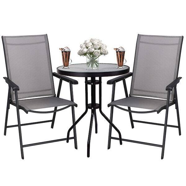 Meble ogrodowe 2 krzesła i okragły stół ze szklanym blatem zestaw na taras czarno-szary