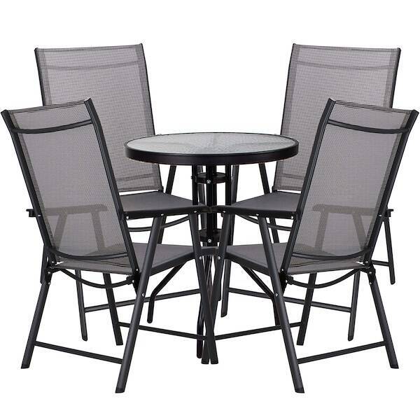 Meble ogrodowe 4 krzesła i okragły stół ze szklanym blatem zestaw na taras czarno-szary