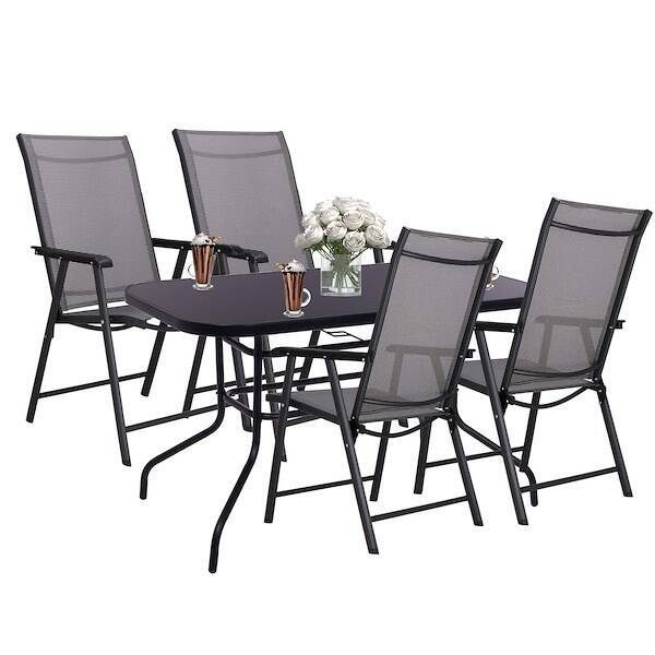 Meble ogrodowe 4 krzesła, stół ze szkłem hartowanym zestaw na taras czarno-szary