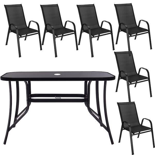 Meble ogrodowe 6 krzeseł, stół 120x70 cm ze szkłem hartowanym zestaw dla 6 osób czarny
