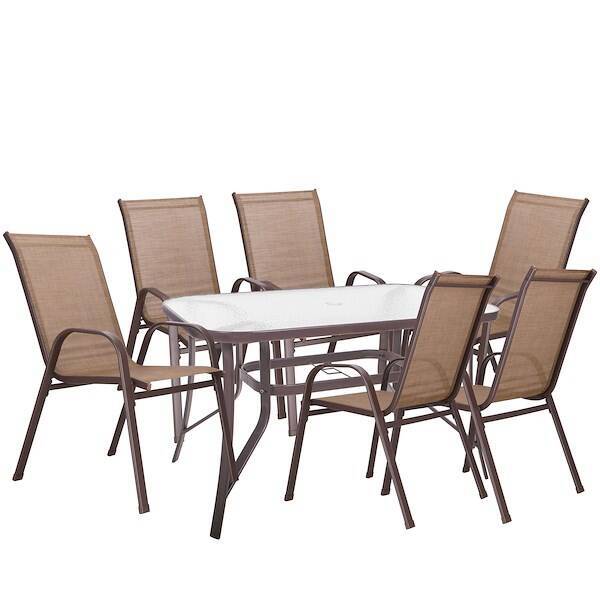 Meble ogrodowe 6 krzeseł, stół ze szkłem hartowanym zestaw dla 6 osób brązowy