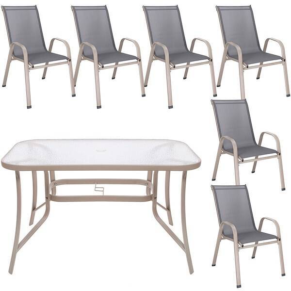Meble ogrodowe 6 krzeseł, stół ze szkłem hartowanym zestaw na taras balkon szary