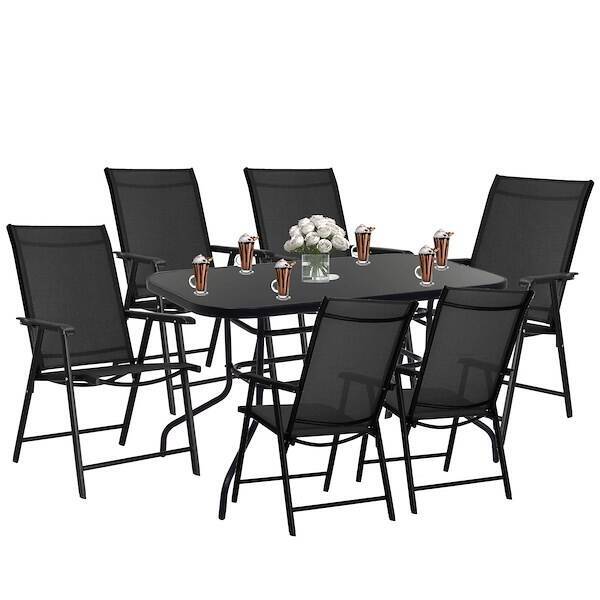 Meble ogrodowe 6 krzeseł, stół ze szkłem hartowanym zestaw na taras czarny