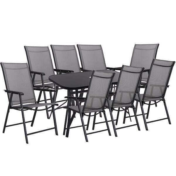 Meble ogrodowe 8 krzeseł, stół ze szkłem hartowanym zestaw na taras czarno-szary