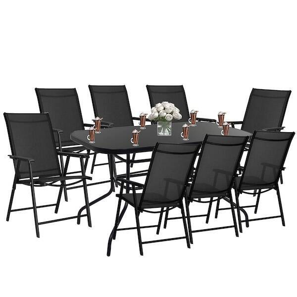 Meble ogrodowe 8 krzeseł, stół ze szkłem hartowanym zestaw na taras czarny