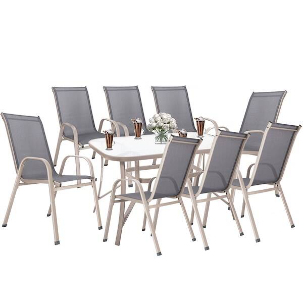 Meble ogrodowe 8 krzeseł, stół ze szkłem hartowanym zestaw na taras i balkon szary