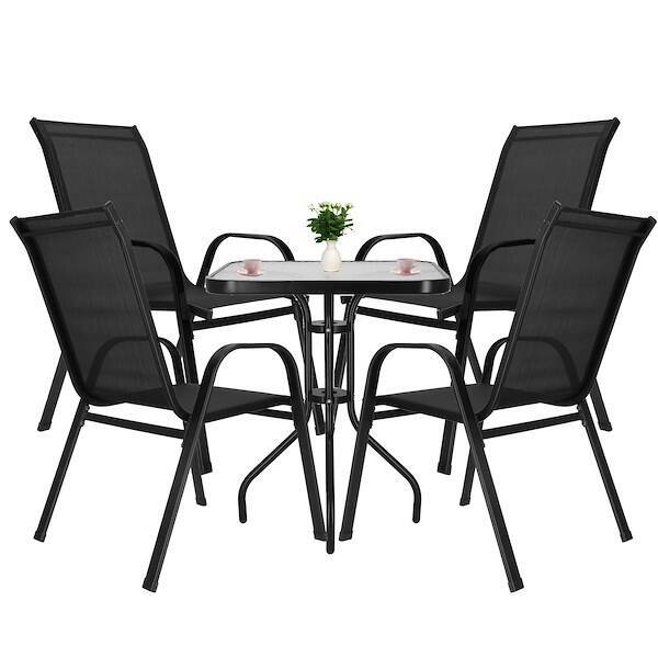 Meble ogrodowe dla 4 osób: krzesła i stół, metal i szkło hartowane komplet na balkon czarny