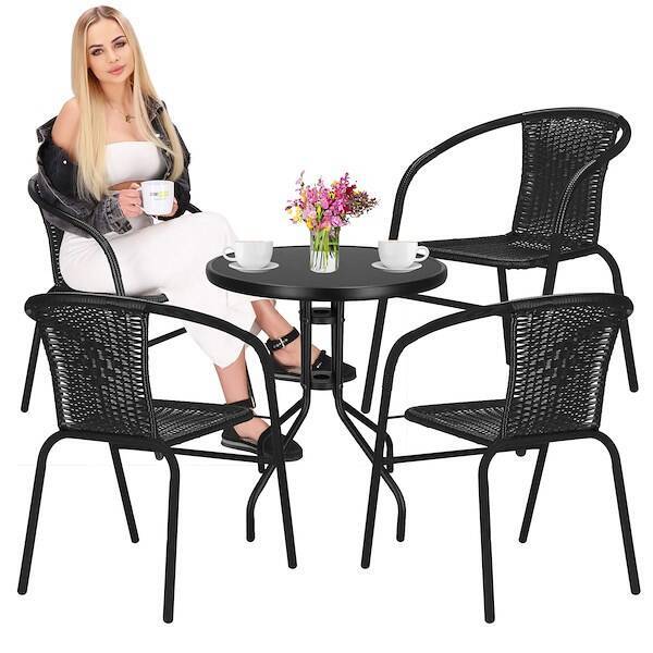 Meble ogrodowe metalowe krzesła 4 szt. i okrągły stół ze szklanym blatem zestaw czarny
