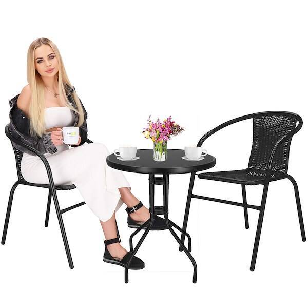 Meble ogrodowe metalowe krzesła i okrągły stół ze szklanym blatem zestaw ogrodowy czarny