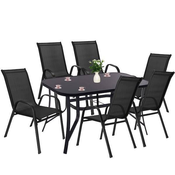 Meble ogrodowe metalowe stół 150 cm i 6 krzeseł czarny zestaw ogrodowy dla 6 osób