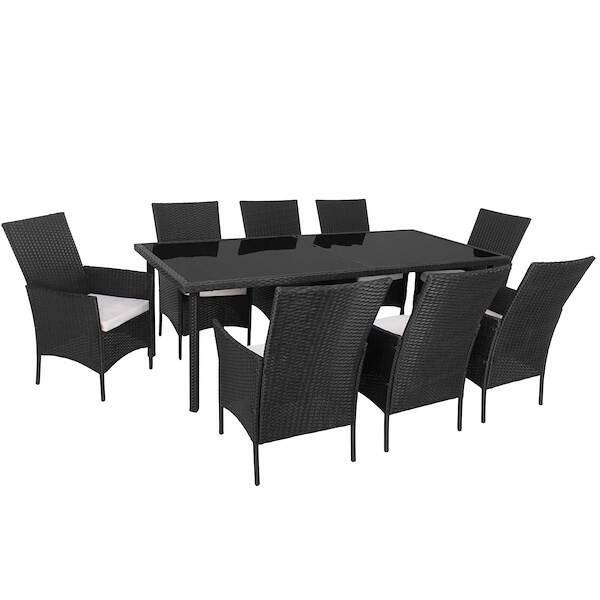 Meble ogrodowe: stół 224x103 cm, wys. 74 cm blat z ciemnego szkła hartowanego, krzesła technorattan 8 szt. czarne