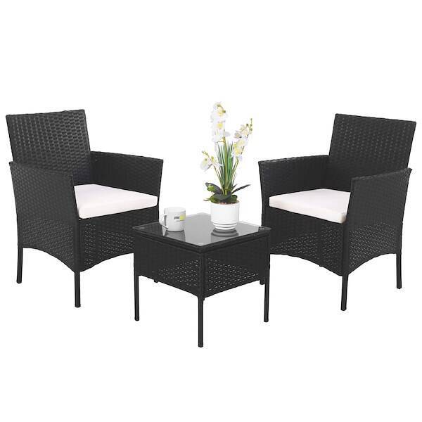 Meble ogrodowe technorattan zestaw 2 fotele i stolik ze szklanym blatem czarny