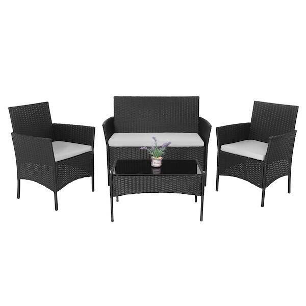 Meble ogrodowe technorattan zestaw sofa, 2 fotele i stolik ze szklanym blatem czarne
