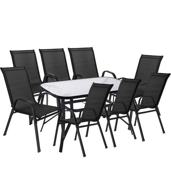 Meble ogrodowe zestaw krzesła, stół ze szkłem hartowanym dla 8 osób czarny