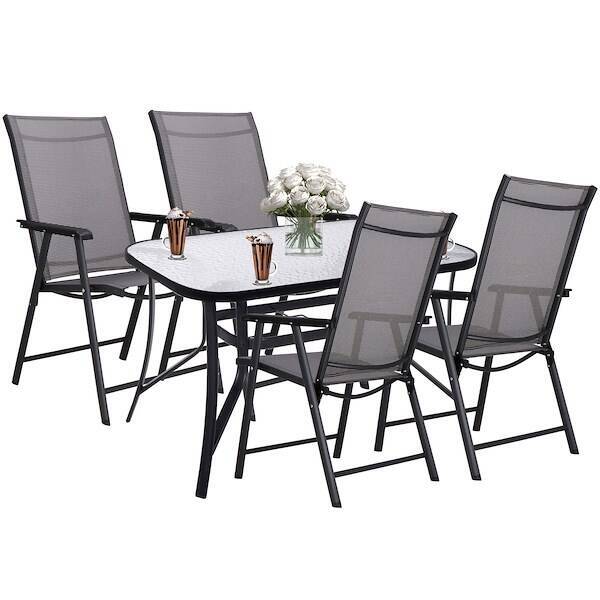 Meble ogrodowe zestaw na taras dla 4 osób: metalowe 4 krzesła i stół z bezbarwnym szklanym blatem, czarno-szary