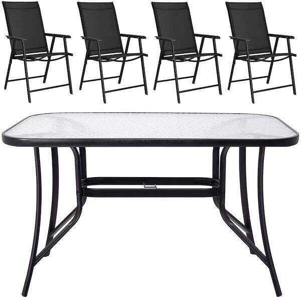 Meble ogrodowe zestaw na taras dla 4 osób: metalowe 4 krzesła i stół z bezbarwnym szklanym blatem, czarny