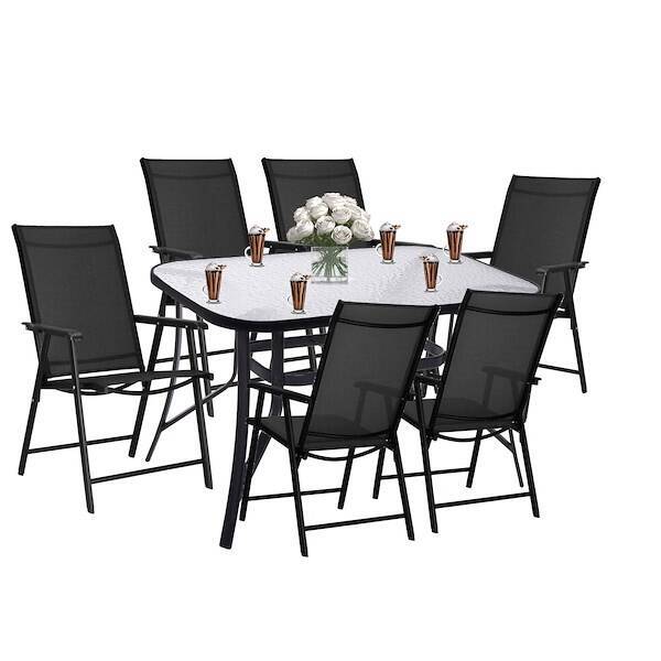 Meble ogrodowe, zestaw na taras dla 6 osób metalowe: 6 krzeseł i stół z bezbarwnym szklanym blatem, czarny