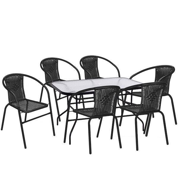 Meble ogrodowe zestaw na taras dla 6 osób: metalowe krzesła 6 szt. stół 140x70 cm czarny