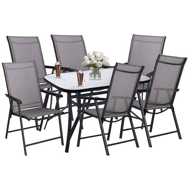 Meble ogrodowe zestaw na taras dla 6 osób: stół z bezbarwnym szklanym blatem i 6 krzeseł metalowe, czarno-szary