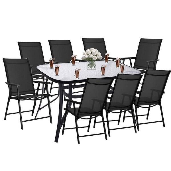 Meble ogrodowe, zestaw na taras dla 8 osób metalowe: 8 krzeseł i stół z bezbarwnym szklanym blatem, czarny