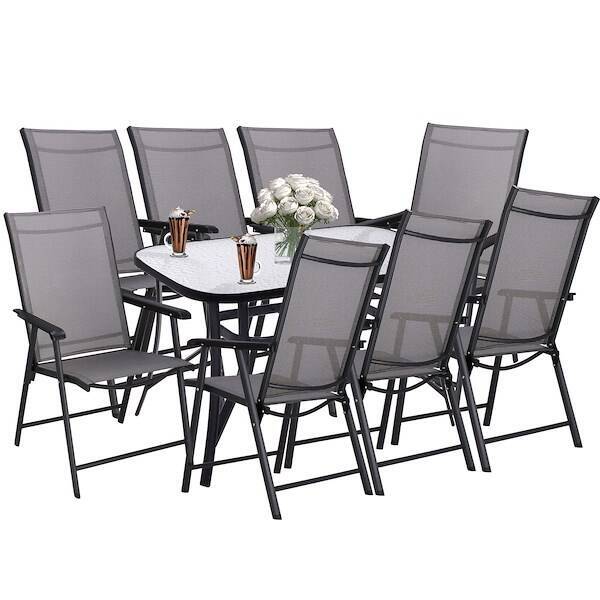 Meble ogrodowe zestaw na taras dla 8 osób: stół z bezbarwnym szklanym blatem i 8 krzeseł metalowe, czarno-szary