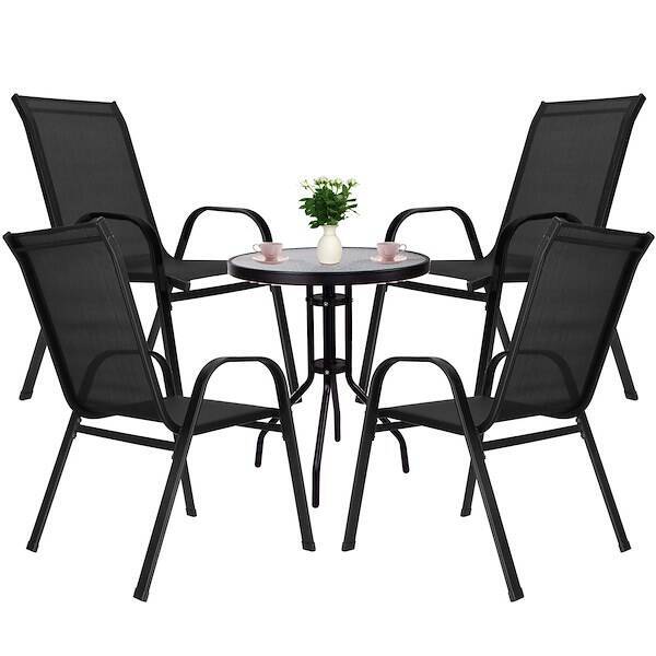 Meble ogrodowe zestaw ogrodowy dla 4 osób: krzesła i stół, metal i szkło komplet czarny