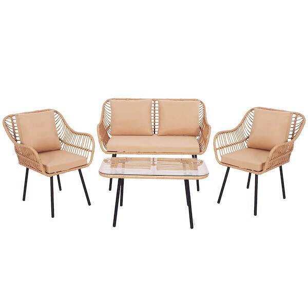 Meble ogrodowe zestaw technorattan sofa, fotele i stolik ze szkłem hartowanym beżowe