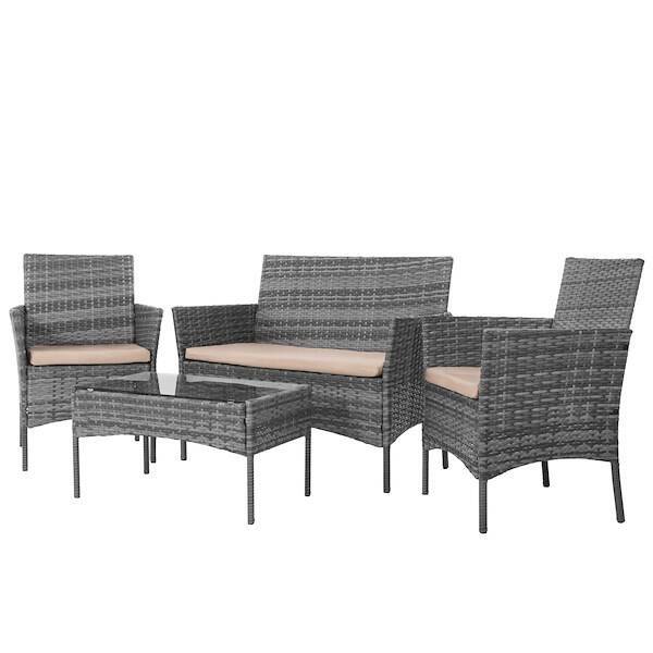 Meble ogrodowe zestaw technorattan sofa, fotele i stolik ze szkłem hartowanym szare