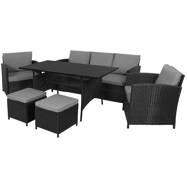 Meble ogrodowe zestaw technorattan sofa, fotele, pufy i stolik ze szkłem hartowanym czarno-szary