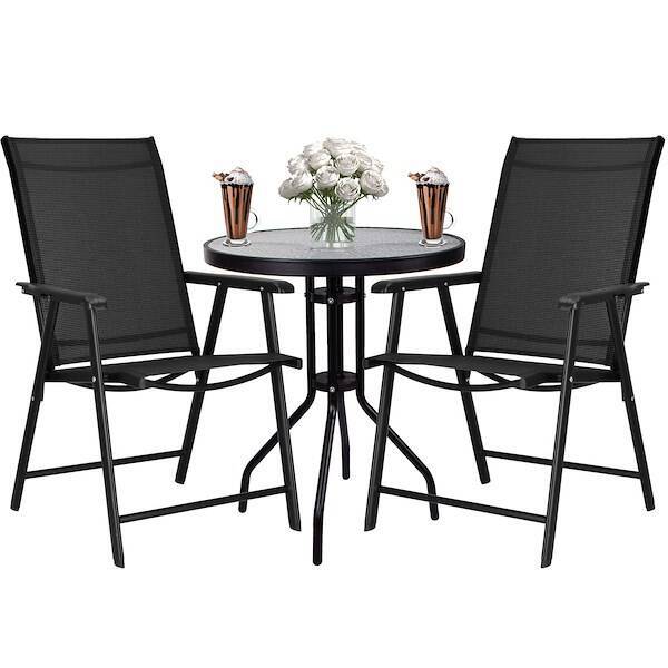 Meble tarasowe: stolik kawowy z bezbarwnego szkła hartowanego, 2 krzesła metalowe do ogrodu czarne