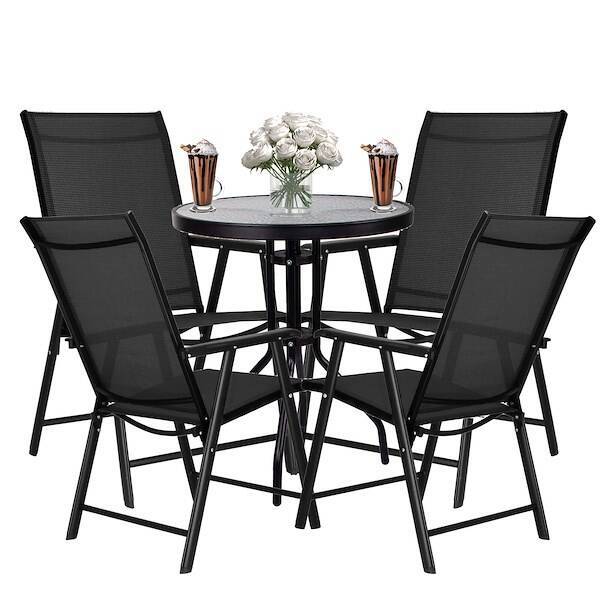 Meble tarasowe: stolik kawowy z bezbarwnego szkła hartowanego, 4 krzesła metalowe do ogrodu czarne