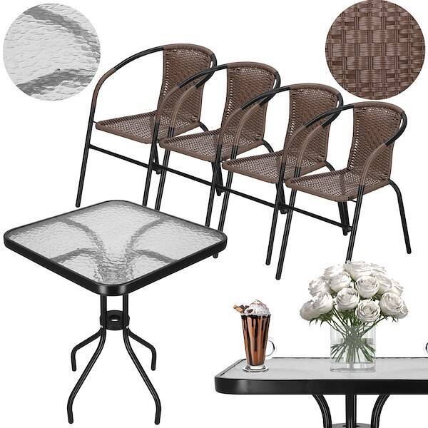 Meble tarasowe: stolik kawowy z bezbarwnego szkła hartowanego, 4 krzesła metalowe do ogrodu czarno-brązowy