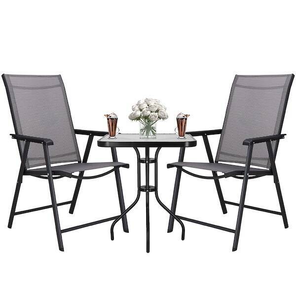Meble tarasowe stolik kawowy ze szkła hartowanego, krzesła metalowe 2 szt. czarno-szare