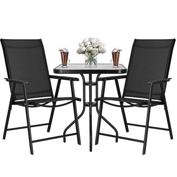 Meble tarasowe stolik kawowy ze szkła hartowanego, krzesła metalowe 2 szt. do ogrodu czarne