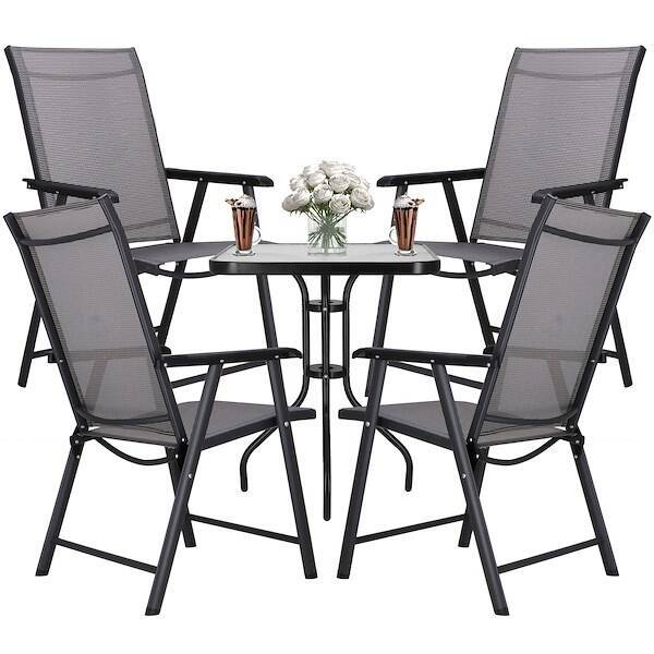 Meble tarasowe stolik kawowy ze szkła hartowanego, krzesła metalowe 4 szt. czarno-szare