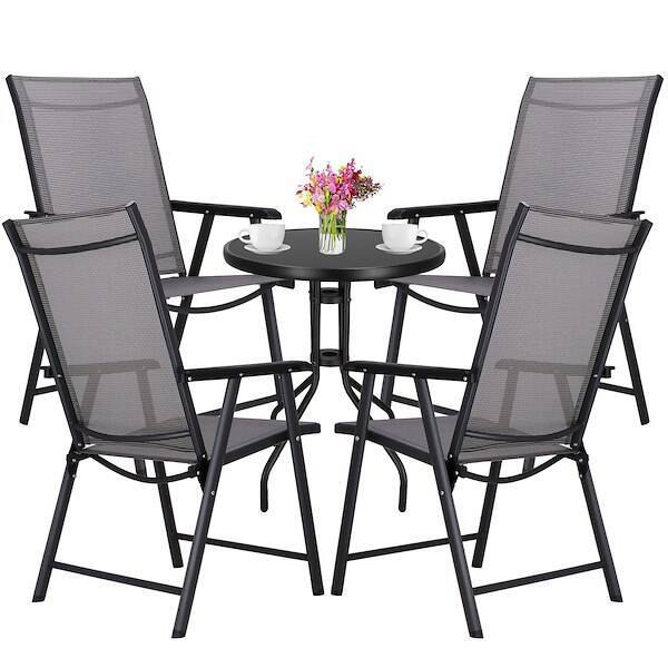 Meble tarasowe stolik kawowy ze szkła hartowanego krzesła metalowe 4 szt. czarno-szare