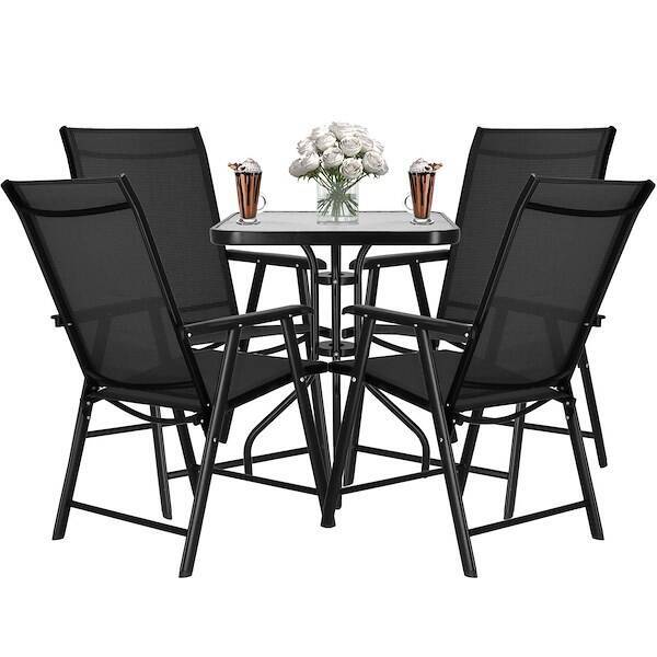 Meble tarasowe stolik kawowy ze szkła hartowanego, krzesła metalowe 4 szt. czarny