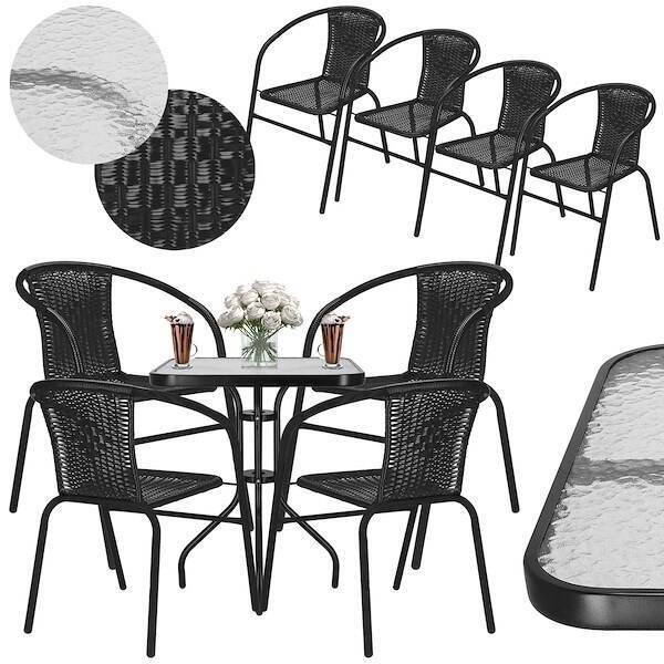 Meble tarasowe: stolik kawowy ze szkła hartowanego, krzesła metalowe 4 szt. do ogrodu czarne