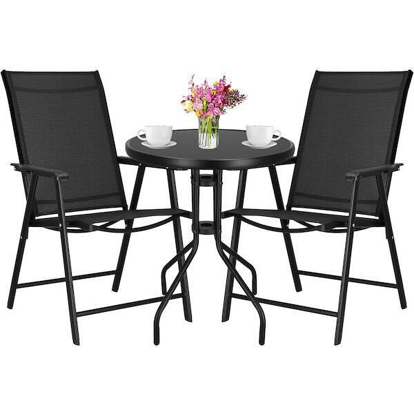 Meble tarasowe stolik kawowy ze szkła hartowanego, ogrodowe krzesła metalowe 2 szt. czarne