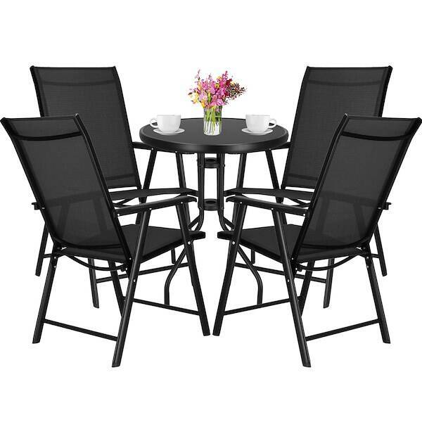 Meble tarasowe stolik kawowy ze szkła hartowanego, ogrodowe krzesła metalowe 4 szt. czarne
