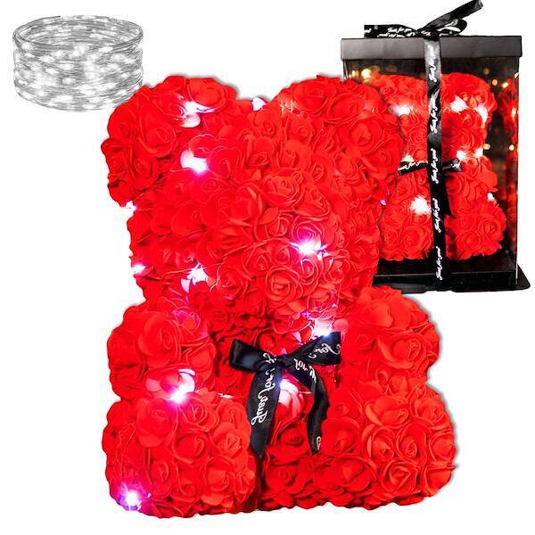 Miś z płatków róż czerwony 25 cm rose bear z kokardką i lampkami LED biały zimny