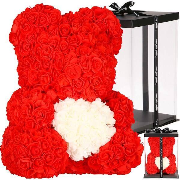 Miś z płatków róż czerwony 36 cm rose bear z białym sercem i pudełkiem prezentowym