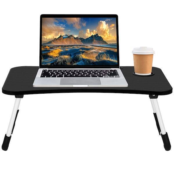 Stolik pod laptop z miejscem na kubek i tablet, składana podstawka na komputer czarna