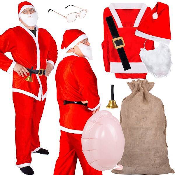 Strój Świętego Mikołaja 9 elementowy z brzuchem i workiem jutowym czerwony kostium