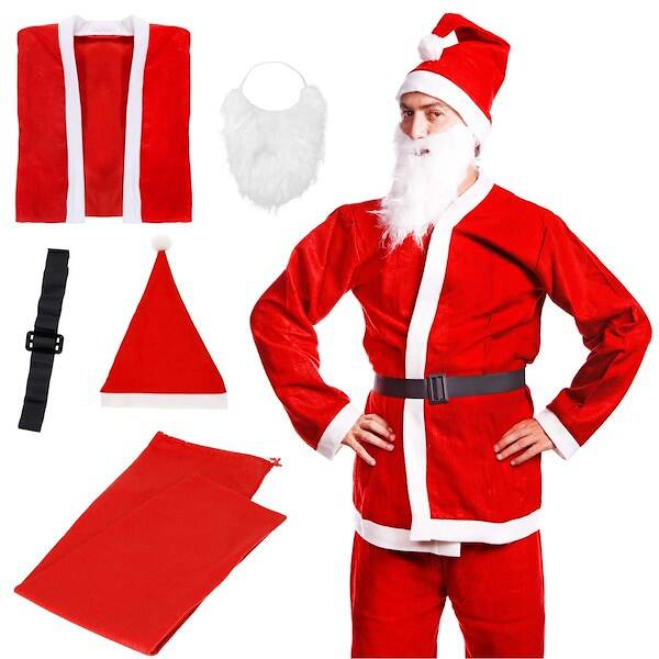Strój świętego Mikołaja 7 elementowy z workiem jutowym czerwony kostium