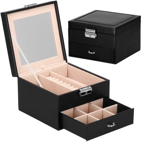 Szkatułka na biżuterię ekoskóra 16x16x11 cm czarny organizer z przegródkami i lusterkiem