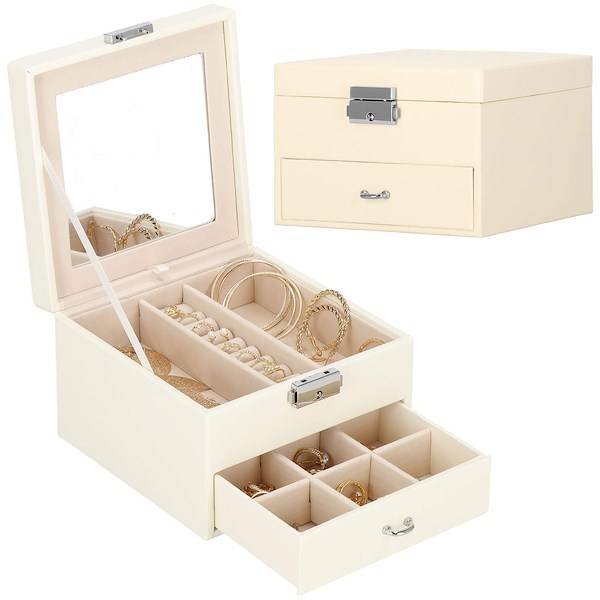 Szkatułka na biżuterię ekoskóra 16x16x11 cm kremowy organizer z przegródkami i lusterkiem