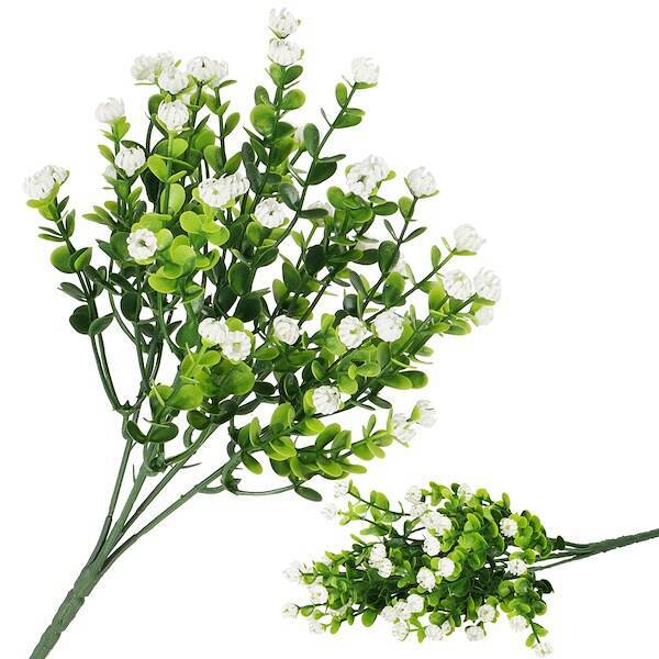 Sztuczny bukiet 5 gałązek zielony dekoracyjny 33 cm białe kwiaty