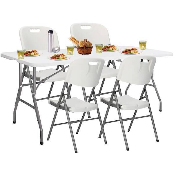 Zestaw cateringowy, turystyczny stół z 4 krzesłami składany na bankiet, zestaw biały