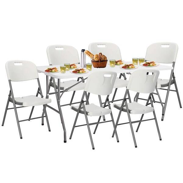 Zestaw cateringowy, turystyczny stół z 6 krzesłami składany na bankiet, zestaw biały